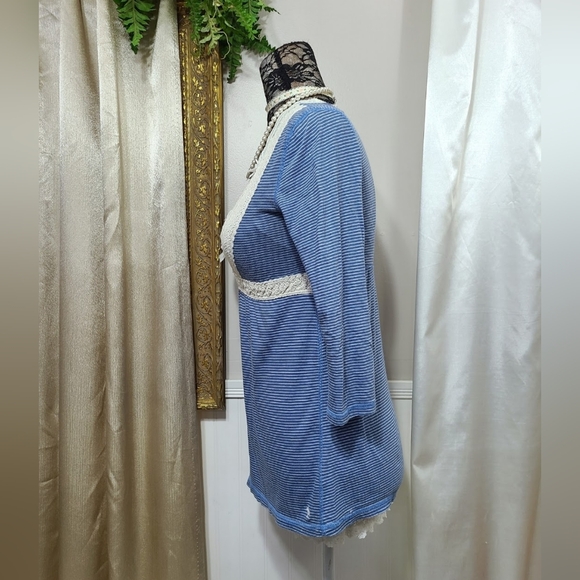 ♡ Y2K ♡ Abercrombie Blue Striped Crochet Lace V Neck Babydoll 3/4 Sleeve - Picture 7 of 10